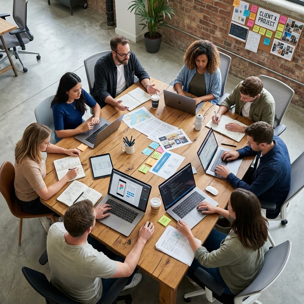 Our creative team collaborating around a table